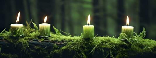 AI generated Burning candles on moss, dark green blurred the natural background. Magic candle. Generative AI photo