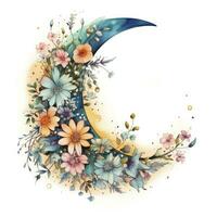 AI generated Watercolor floral Moon with greenery on a white background. AI Generated photo