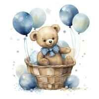 AI generated A watercolor baby teddy bear is sitting in the basket with blue and gold balloons. AI Generated photo