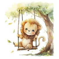 AI generated Cute and happy baby lion on swings on the tree in watercolor style. AI Generated photo