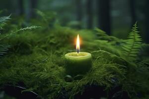 AI generated Burning candle on moss, dark green blurred the natural background. Magic candle. Generative AI photo