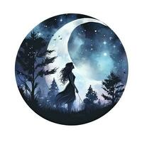 AI generated Forest moon silhouette with fairy shining in the night sky on a white background. AI Generated photo