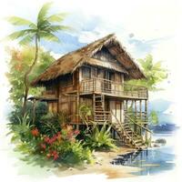 AI generated A watercolored bright serene image of a traditional bahay kubo. AI Generated photo