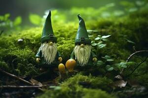 AI generated Toy Irish gnomes in a mystery forest, abstract green natural background. Generative AI photo