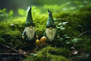 AI generated Toy Irish gnomes in a mystery forest, abstract green natural background. Generative AI photo