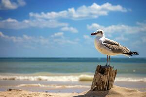 ai generado Gaviota en el playa debajo azul cielo. foto