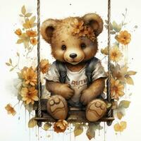 AI generated A cute happy teddy bear swings on a tree on a white background. AI Generated photo