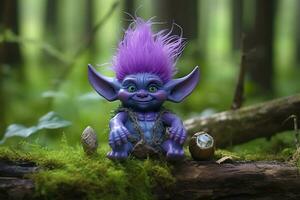 AI generated Tale troll with crystals in the forest, natural green background. Generative AI photo