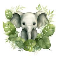 AI generated Happy cute baby elephant in green leaves in the watercolor style. AI Generated photo