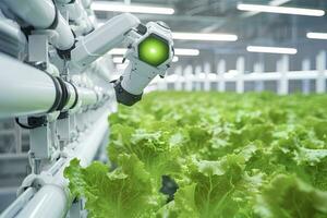 ai generado automático agrícola tecnología con de cerca ver de robótico brazo cosecha lechuga en vertical hidropónico planta. ai generado foto