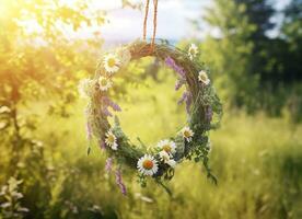 AI generated Rustic wildflowers wreath on a sunny meadow. Summer Solstice Day, Midsummer concept. Generative AI photo