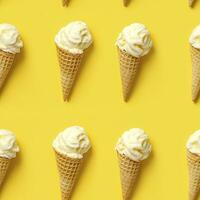 AI generated Ice Cream pattern on yellow background, top view. AI Generated photo