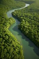 AI generated Aerial view of the Amazonas jungle landscape with river bend. Generative AI photo