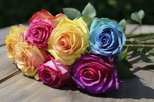 AI generated Bunch of multi colored roses on wooden planks, happy birthday lying on planks. AI Generated photo