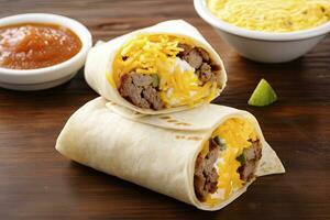 AI generated Breakfast burrito with sausage, eggs, hashbrown and cheese. AI Generated photo