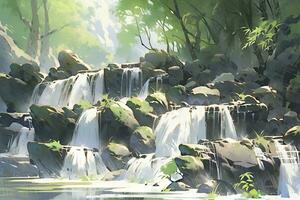 AI generated Watercolor scene of a cascading waterfall surrounded by rainforest. AI Generated. photo