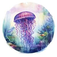 AI generated Jellyfish in an underwater landscape in a circle. AI Generated photo