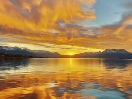 ai generado brillante puesta de sol terminado lago dorado nubes reflejar en el agua. ai generado. foto