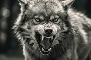 AI generated Greyscale closeup shot of an angry wolf with a blurred background. AI Generated photo