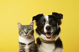 ai generado gato y perro juntos con contento expresiones en amarillo antecedentes. ai generado foto