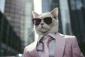 AI generated A cat is wearing sunglasses, suit and standing on street. AI Generated photo