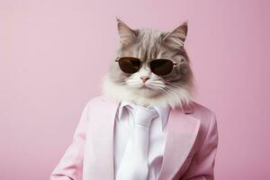 AI generated A cat is wearing sunglasses and suit on Pink Background. AI Generated photo