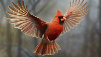 AI generated Northern Cardinal coming in for a landing. Generative AI photo