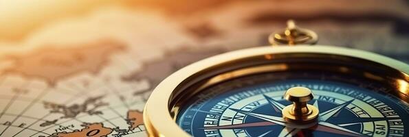 AI generated Magnetic compass and location marking with a pin on routes on world map. AI Generated photo