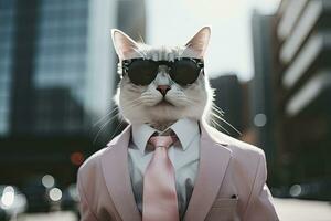 ai generado un gato es vistiendo Gafas de sol, traje y en pie en calle. ai generado foto