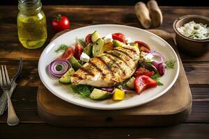 AI generated Seared chicken breast and Greek salad on a wooden table. Generative AI photo