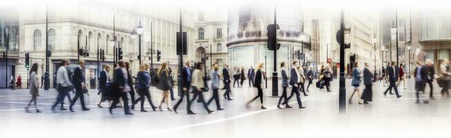 ai generado caminando personas difuminar. un montón de personas caminar en el ciudad de Londres. amplio panorámico ver de personas cruce el la carretera. ai generado foto