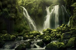 AI generated Waterfall landscape with rocks covered in green moss. AI Generated photo