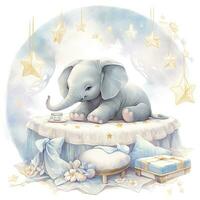 AI generated An elephant on a bed with stars and blankets around the circle. AI Generated photo