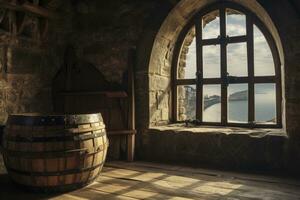 AI generated Barrel in an ancient castle beside the window. AI Generated photo