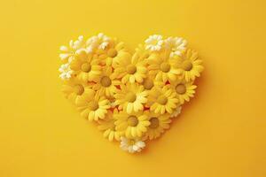 AI generated Yellow Heart Shaped By Yellow Daisies Over Yellow Background. AI Generated photo