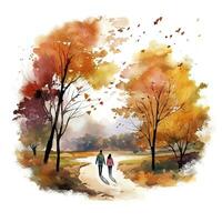 AI generated Watercolor autumn landscape with a couple walking. AI Generated photo