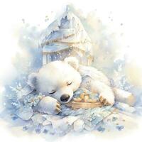 AI generated A sleepy baby white bear in bedding. watercolor illustrations. AI Generated photo