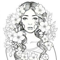 AI generated A girl on a coloring book page with Jasmine flowers. AI Generated photo