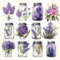 AI generated Collection of watercolor mason jars with purple flowers clipart. AI Generated photo