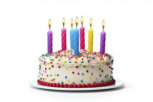 AI generated Colourful birthday cake with candles isolated on white background. AI Generated photo