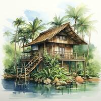 AI generated A watercolored bright serene image of a traditional bahay kubo. AI Generated photo