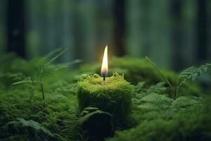 AI generated Burning candle on moss, dark green blurred the natural background. Magic candle. Generative AI photo