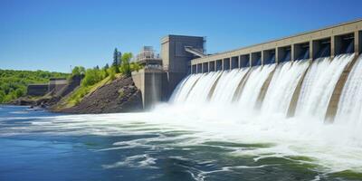 ai generado hidroeléctrico represa generando verde energía desde fluido agua. ai generado. foto