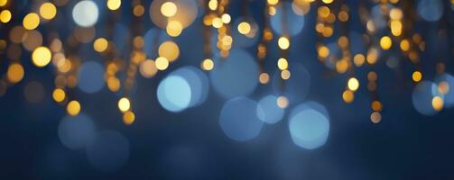 AI generated holiday illumination and decoration concept, Christmas garland bokeh lights over dark blue background. AI Generated photo