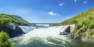 AI generated Hydroelectric dam generating green energy from flowing water.   AI Generated. photo