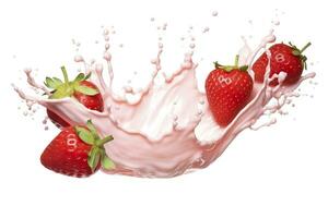 AI generated milk or yogurt splash with strawberries isolated on white background, 3d rendering. AI Generated photo