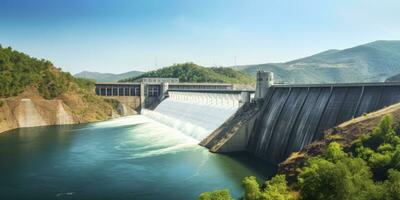 ai generado hidroeléctrico represa generando verde energía desde fluido agua. ai generado. foto