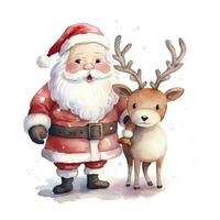 AI generated Cute Santa Claus standing with reindeer. AI Generated photo