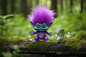 AI generated Tale troll with crystals in the forest, natural green background. Generative AI photo