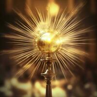 AI generated The golden monstrance with a little transparent crystal center, consecrated host. church defocused background. AI Generative photo